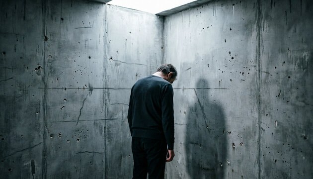 Depressed businessman, concrete room, shadow on wall, mental health
