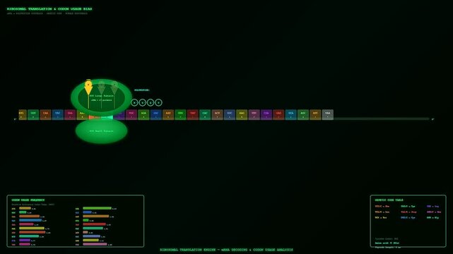 A sophisticated digital visualization of bioinformatics genome analysis showing a ribosome translating genetic code into a growing protein chain within a dark laboratory interface.