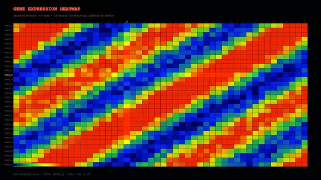 Modern bioinformatics genome analysis software displays a vibrant rainbow heatmap visualization of complex transcriptomic data patterns used in advanced laboratory research and development