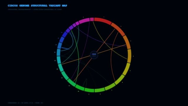 A bioinformatics genome analysis visualization displaying complex structural variants within a DNA map through rotating circular diagrams and colorful interconnecting data links on black background