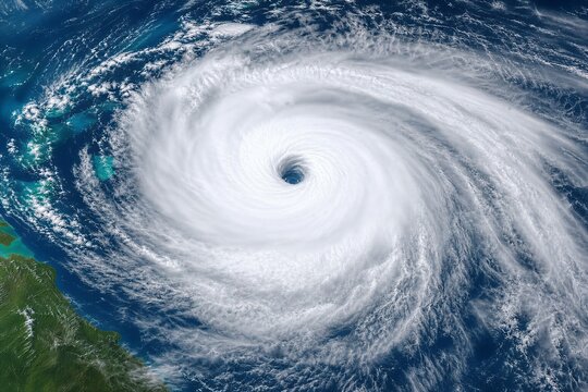 Powerful Hurricane Melissa with a clearly defined eye and swirling clouds, viewed from space over the Atlantic Ocean, symbolizing climate change and natural disaster.