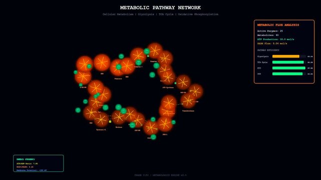 A dynamic bioinformatics genome analysis visualization displaying complex metabolic pathway networks with glowing orange nodes and shifting data flux within a dark laboratory computer interface.
