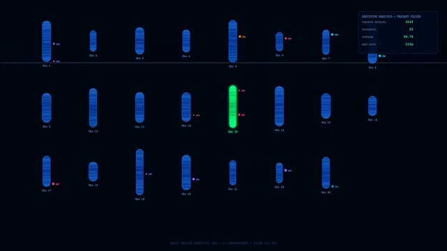 Advanced digital screen for bioinformatics genome analysis shows complex genetic data via multiple chromosome mapping frames while highlighting key variant detections during medical study.