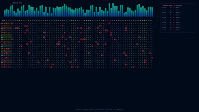 Sophisticated computer software runs bioinformatics genome analysis displaying real time tracking of genetic mutations and DNA sequence shifts across multiple data collection points