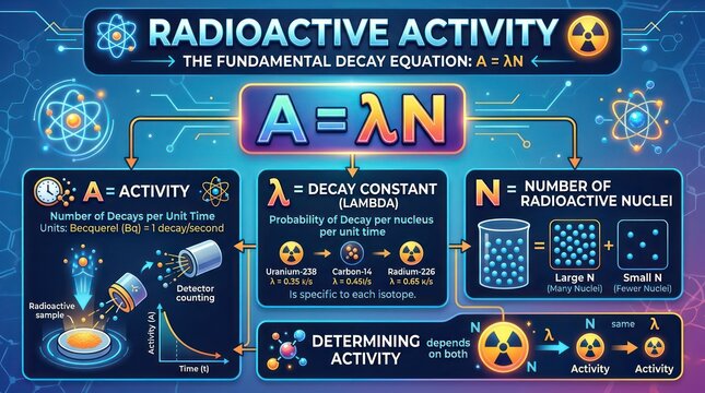 Radioactive activity decay equation infographic for nuclear physics educational purposes.
