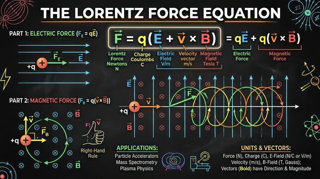 Lorentz force equation educational poster explaining electromagnetic fields for physics class.