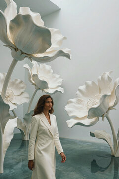 Woman walks through an installation of oversized white flower sculptures in a minimalist gallery. Bright skylight illuminates the matte petal textures and smooth floor surface within this open studio.