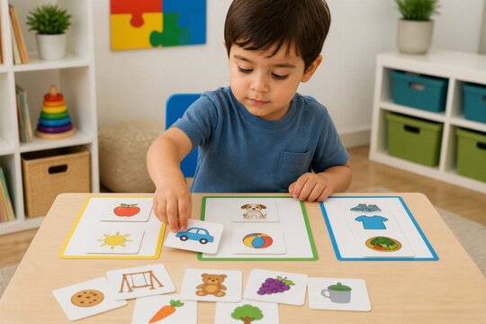 Preschool boy sorting picture cards at classroom table area