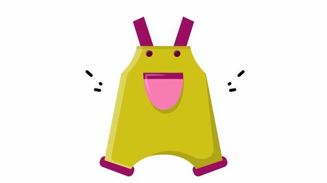 Yellow cartoon overalls with funny smiling face character suitable for apparel design, childrens clothing, cartoon illustrations, and kids fashion projects.