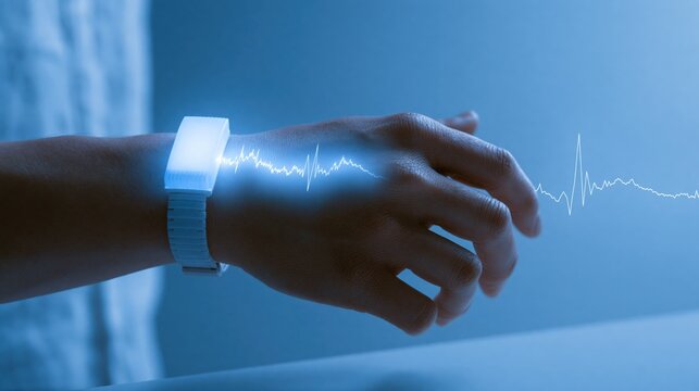 Glowing wearable health sensor on a wrist projecting soft vital sign data in a modern setting