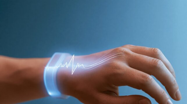 Glowing wearable health sensor on a wrist projecting soft vital sign data in a modern setting