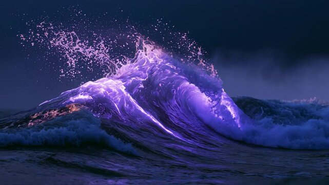 Glowing purple wave crashing and surging in stormy ocean for dramatic nature content