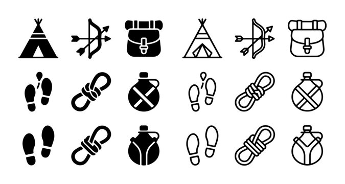 Camping and outdoor adventure icon set, 18 black line and silhouette symbols, wilderness survival gear for hiking and scouting