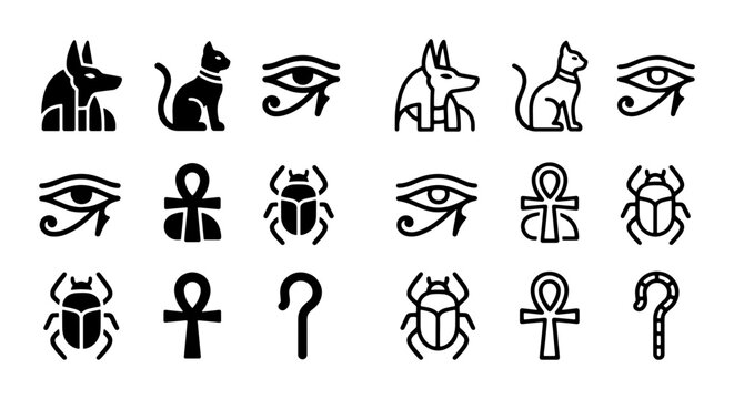 Ancient Egyptian icons set, black minimalist hieroglyph symbols including Anubis, Eye of Horus, Ankh and Scarab beetle, vector mythology elements