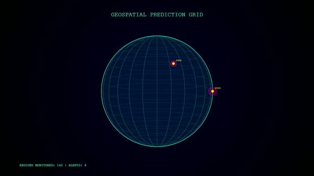 a glowing spherical predictive analytics display shows rotating planetary tracking nodes moving across a digital grid inside a dark virtual environment for modern data monitoring software