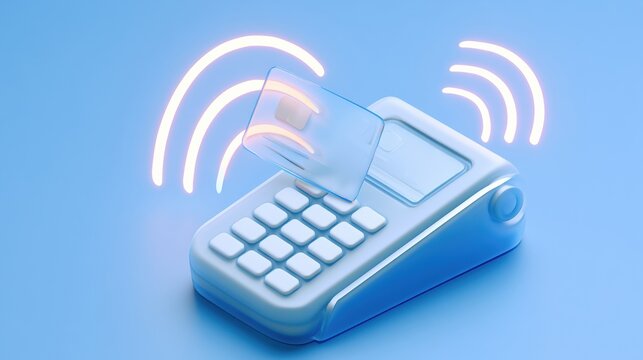 A glass payment card makes contact with a terminal while light arcs represent payment activity. The setting features a blue gradient backdrop.