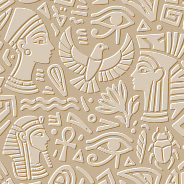 3D embossed textured seamless pattern in ancient Egyptian style. Beige emboss background with volumetric relief silhouettes of pharaohs, queens, Horus eyes, ankh, scarab, and antique hieroglyphs.