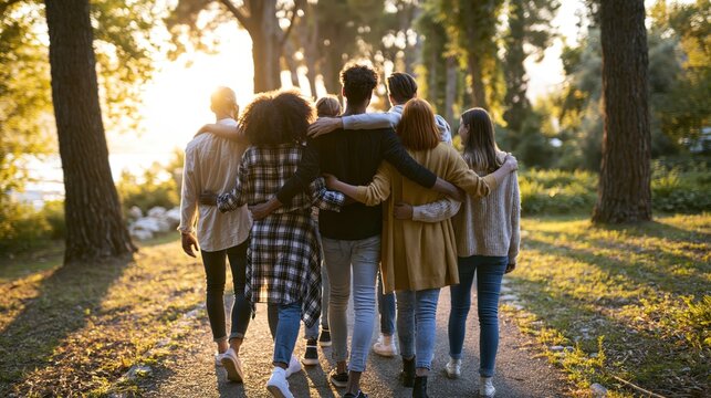 Back view of a diverse group of friends walking together with arms around each other along a sunny path