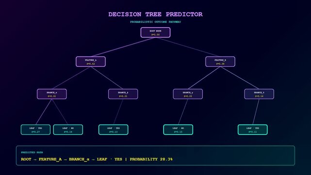 A digital predictive analytics display shows a decision tree branching logic flow with probability percentages presented in a neon glowing interface on a dark screen