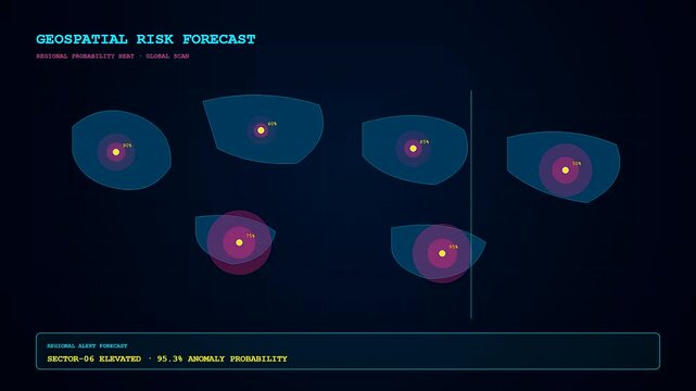 A predictive analytics display shows glowing circular data clusters expanding across a dark digital interface while animated monitor screens track changing probability metrics in real time