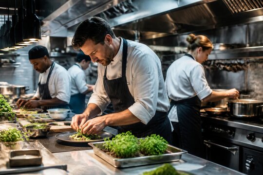 Head chef plating dish with team in busy restaurant kitchen