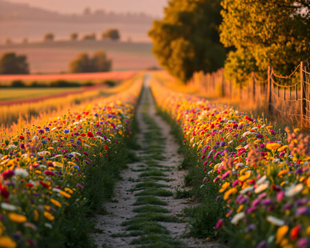 Champ de tulipes orang&eacute;es s'&eacute;tendant &agrave; l'horizon avec un chemin central, lumi&egrave;re dor&eacute;e de soir&eacute;e, paysage floral spectaculaire nature et agriculture