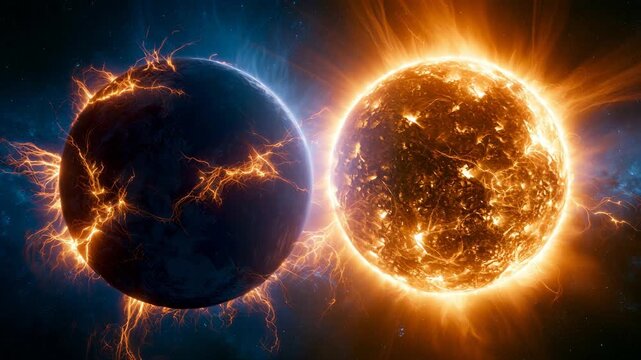 Earth and sun colliding with fiery destruction in space for science and apocalypse content