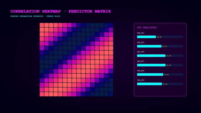 A predictive analytics display shows glowing grid squares and bar charts within this digital interface that conveys complex data patterns through shifting light and color