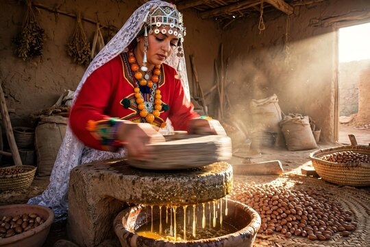 A Moroccan Amazigh woman in traditional dress operating a stone quern to extract argan oil in a rustic sunlit room