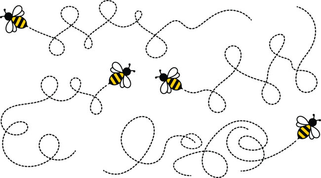 Flying honey bees with dotted flight path trails isolated on a clean white background design