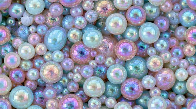 Seamless repeating pattern of small glossy iridescent bubbles in soft pearlescent tones as a background