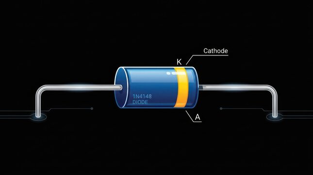 Blue 1n4148 switching diode electronic component with cathode and anode labels isolated.