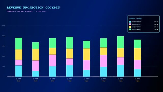 A digital predictive analytics display interface shows shifting quarterly revenue projections for multiple market regions using vibrant stacked bar charts on a deep dark blue screen