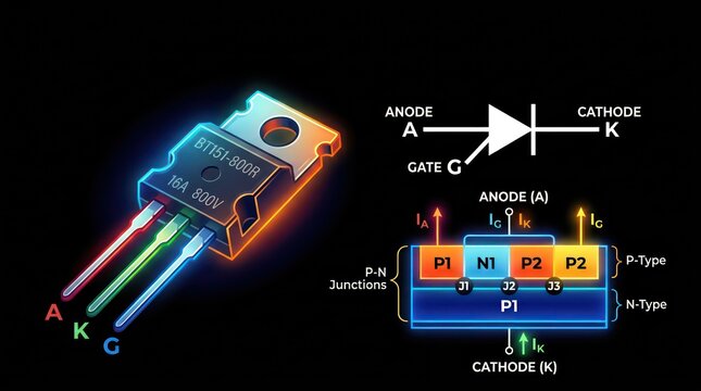 Silicon controlled rectifier thyristor electronic component with pn junction layered diagram.