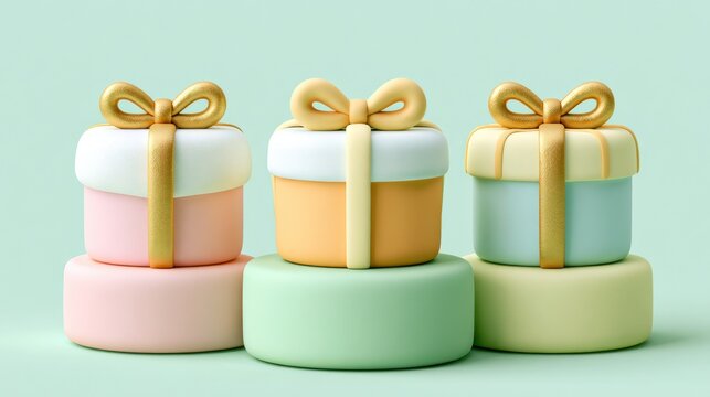 Three clay gift boxes arranged in a stack on a mint backdrop. Each box features a gold bow and comes in pastel colors.