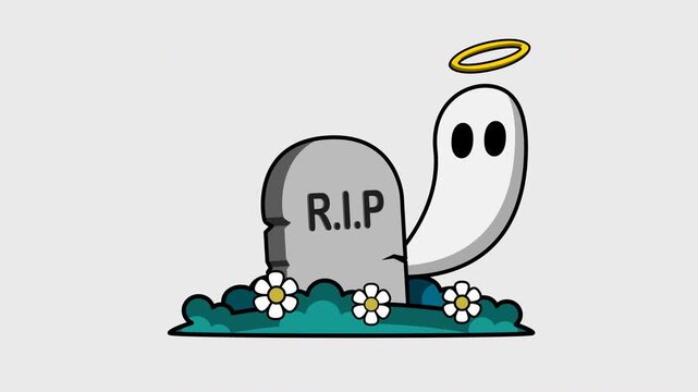 Animated Halloween Spooky Ghost with Golden Halo and RIP Gravestone, Cute Ghost in Grave Field with Flowers Seamless Loop 4K 60fps Video Animation Element