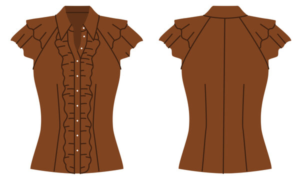 Brown blouse with vertical ruffle detail, short sleeves and fitted silhouette with structured seams. Technical fashion illustration in flat color, front and back views, clothing design. Vector