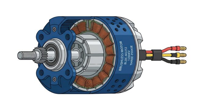 Detailed cross section view of three phase brushless motor showing internal copper coils.