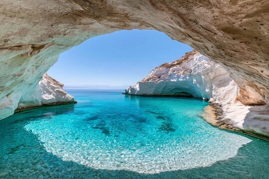 Summer travel and vacation destination clear turquoise water in a sea cave with white rock formations and blue sky
