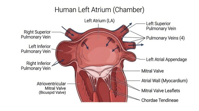 Anatomical view of human left atrium chamber showing pulmonary veins and mitral valve flow.
