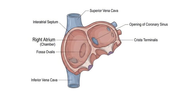 Medical diagram of human right atrium chamber detailing internal anatomical structures.
