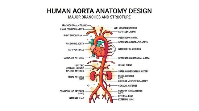 Comprehensive diagram of human aorta anatomy design featuring major branches and vessels.