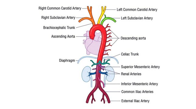 Colored anatomical schematic of human aorta showing primary branches and vascular system.