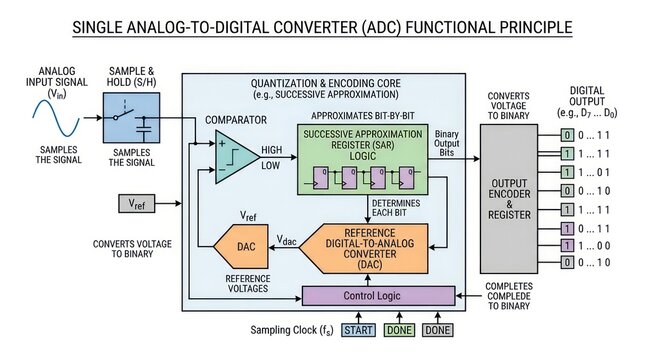 Functional principle diagram of single analog to digital converter showing sar workflow.