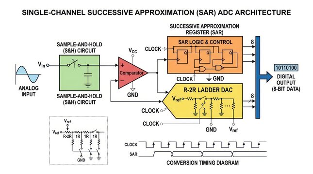 Single channel successive approximation sar adc architecture diagram for circuit design.