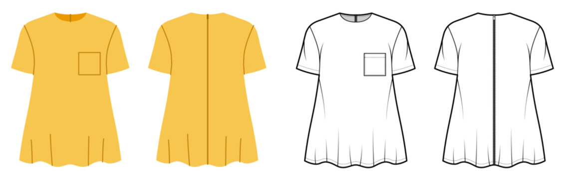 Short sleeve top flared hem chest pocket detail, relaxed silhouette clean neckline. Technical fashion illustration in black white color, front back views, smooth contour, modern apparel CAD template