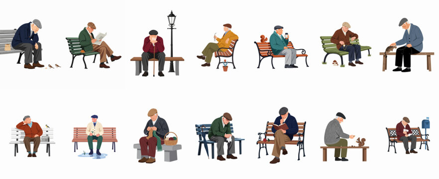 Vector illustration of diverse elderly men in various poses sitting on park benches, engaged in different leisure activities, isolated on a white background.