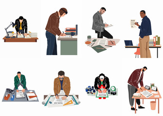 Fototapeta premium Set of diverse men in stylish leather jackets signing various business documents, contracts, and model releases in different office and creative workspace settings.