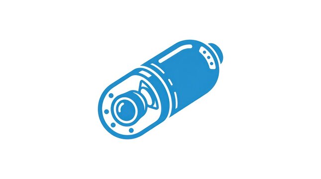 Blue isometric icon of wireless medical endoscopic pill camera for digestive diagnosis use.