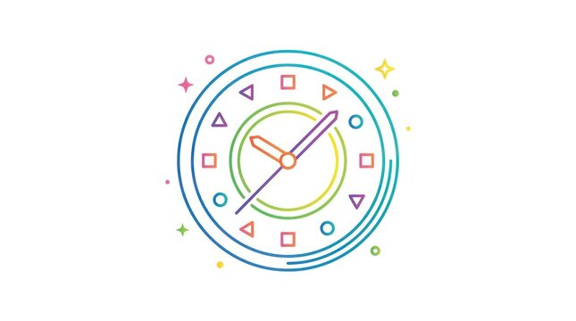 Colorful neon outline clock face with geometric shapes on white background design element.